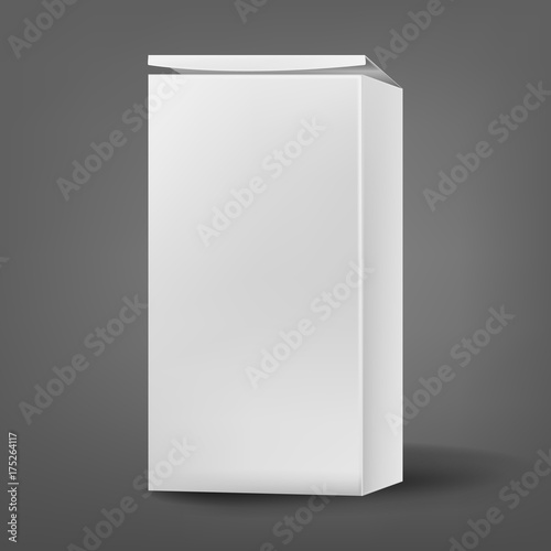 High and narrow, vertical, white cardboard (paper) box mockup, with shadow. Vector illustration
