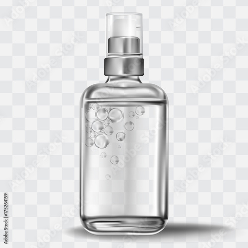 Realistic, transparent cosmetic glass bottle with metal pump transparent cap and liquid with bubbles (balloons).Vector illustration