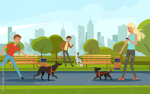 People walking with dogs in urban park. Vector landscape in cartoon style