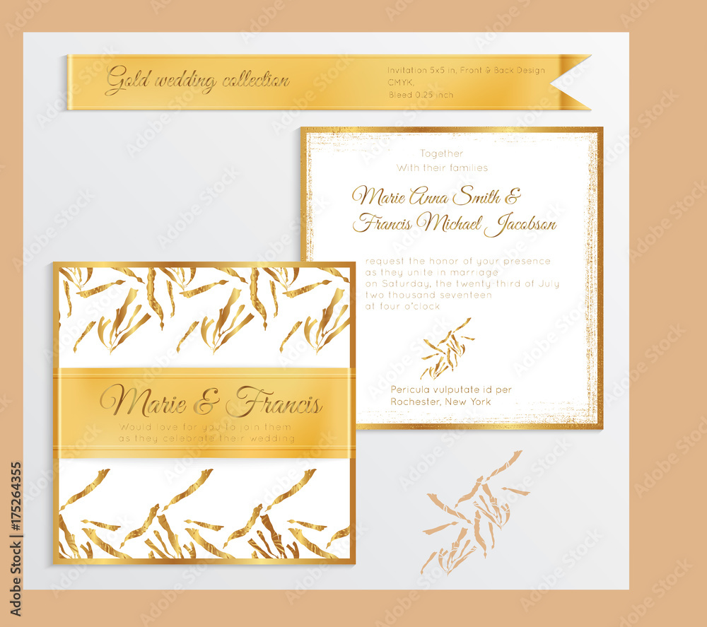 Luxury wedding invitation template with gold shiny realistic ribbon Luxury wedding invitation template with gold shiny realistic ribbon