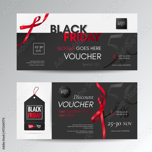 Vector set of elegant discount vouchers for black friday sale with a tag, red small bows and ribbons. Layout for gift cards, coupons and certificates. Isolated from the background.