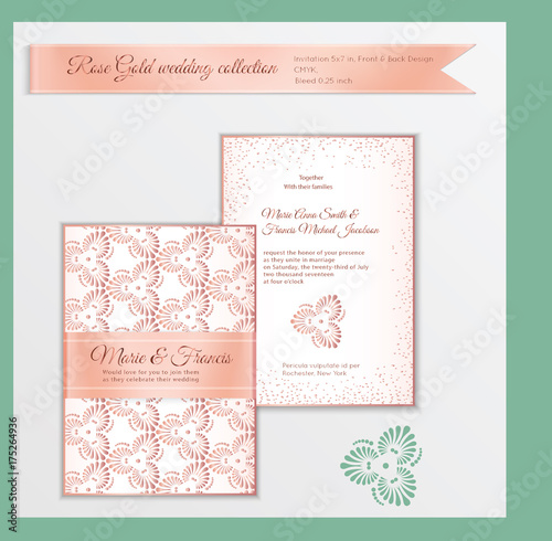 Luxury wedding invitation template with rose gold shiny realistic ribbon