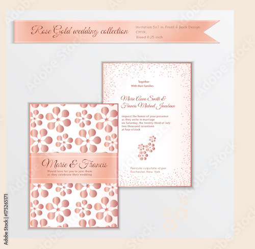 Luxury wedding invitation template with rose gold shiny realistic ribbon