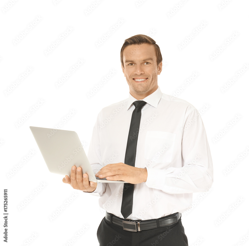 Young businessman using laptop on white background Young businessman using laptop on white background