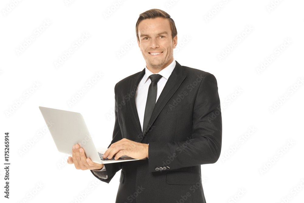 Young businessman using laptop on white background Young businessman using laptop on white background