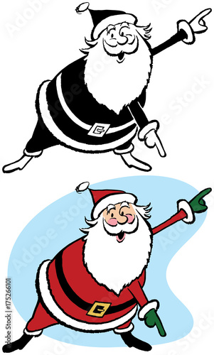 An excited Santa Claus points towards something interesting.