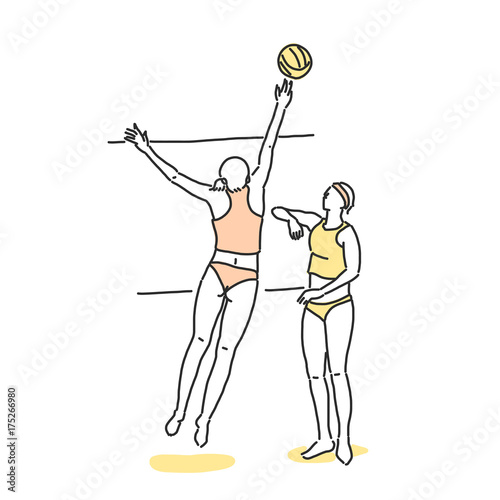Beach volleyball line drawing illustration in various poses.