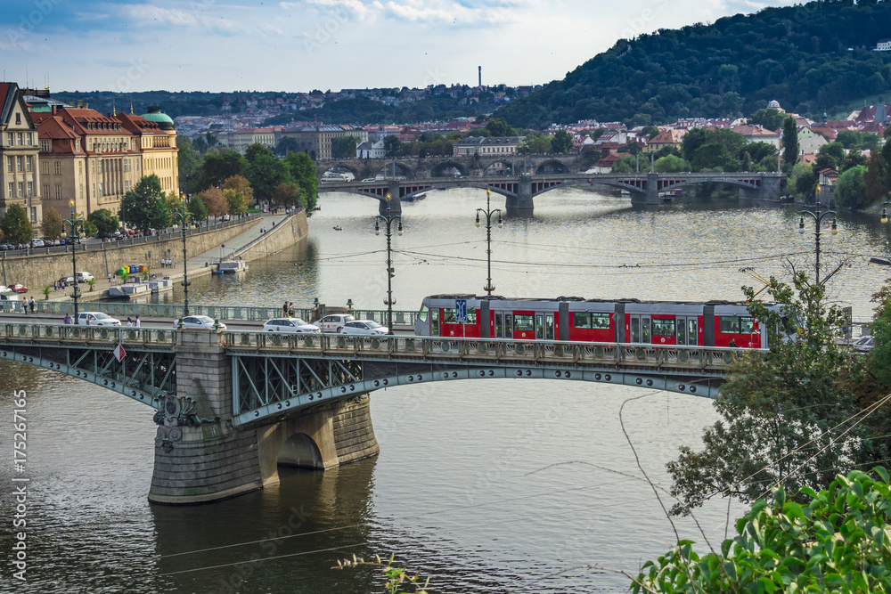 Aerial view of Prague river with the bridges