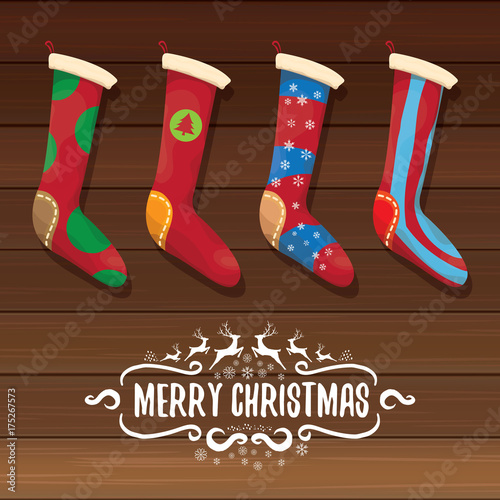 vector cartoon cute christmas stocking or socks with color ornament. Merry Christmas vector greeting card