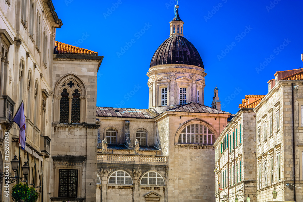 Dubrovnik cathedral closeup architecture. / Closeup view at old stone architectural details in famous Dubrovnik city, croatian travel places.