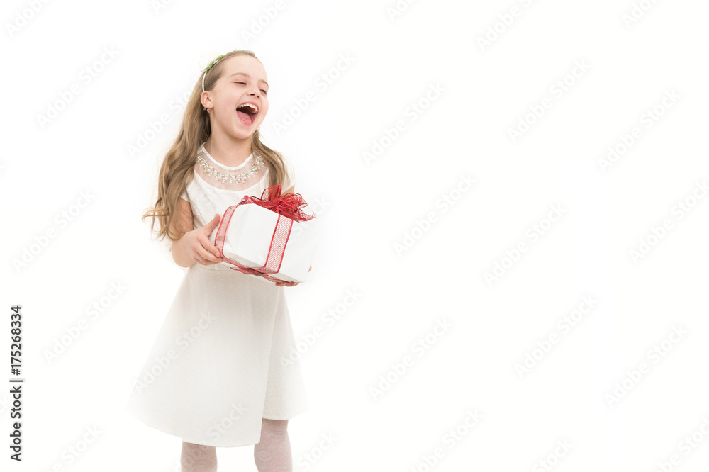 Small girl with gift box with red bow in dress. Small girl with gift box with red bow in dress.