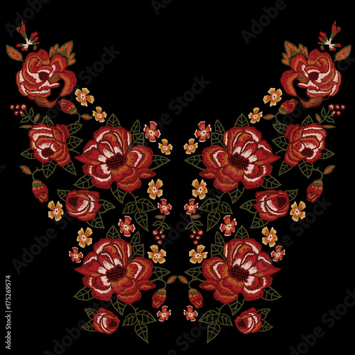 Embroidery ethnic neckline pattern with red roses. Vector embroidered floral patch with flowers for clothing design.