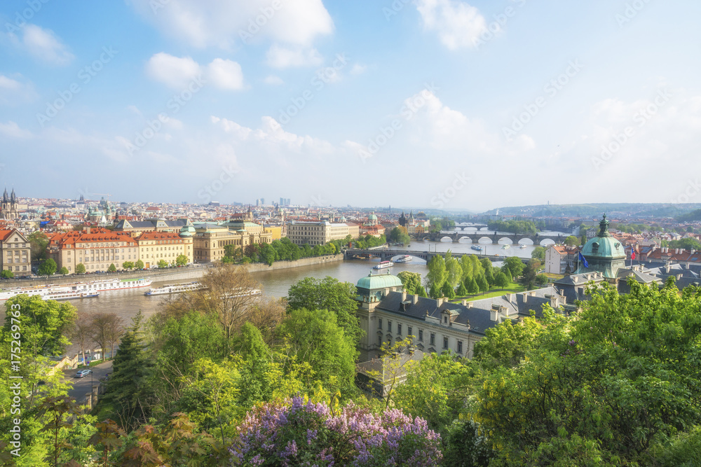 Panoramic view of Prague and Vltava river in springtime, Czech republic
