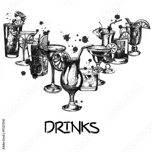 Set of hand drawn sketch style alcoholic drinks. Vector illustration isolated on white background.