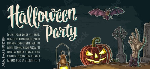 Horizontal poster with Halloween party calligraphy lettering.
