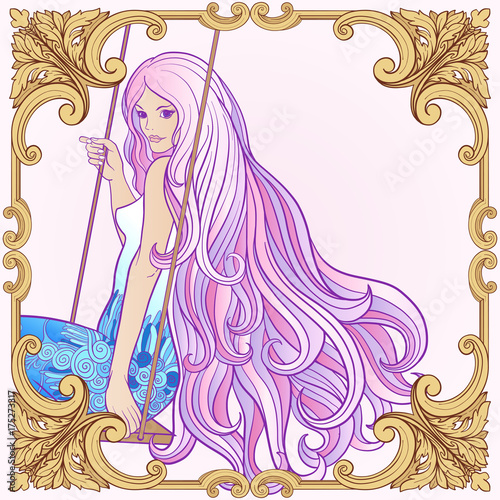 Young beautiful girl with long hair on swing on rich decorated f