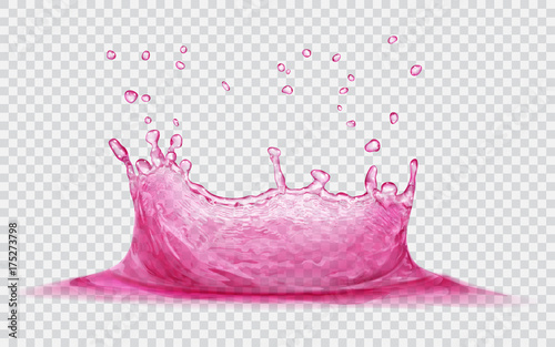 Transparent water crown with water drops. Splash of water in pink colors, isolated on transparent background. Transparency only in vector file