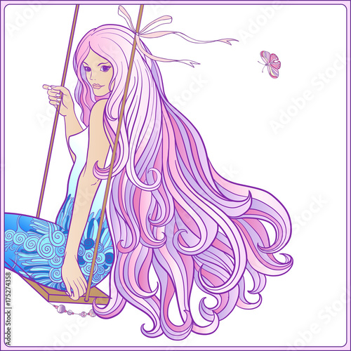 Young beautiful girl with long hair on swing on rich decorated f