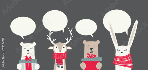 banner with cute winter animals with presents and scarfs. merry christmas and happy new year