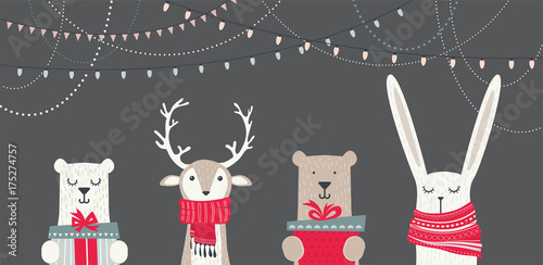 banner with cute winter animals with presents and scarfs. merry christmas and happy new year