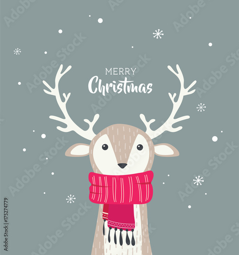 merry christmas card with cute dear wearing a winter scarf