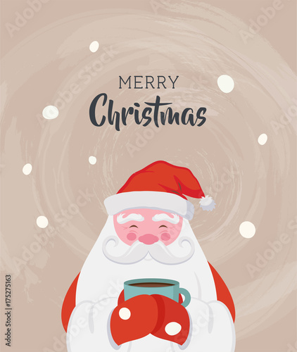 Santa drinking a hot drink at winter scenary. Vector christmas illustration