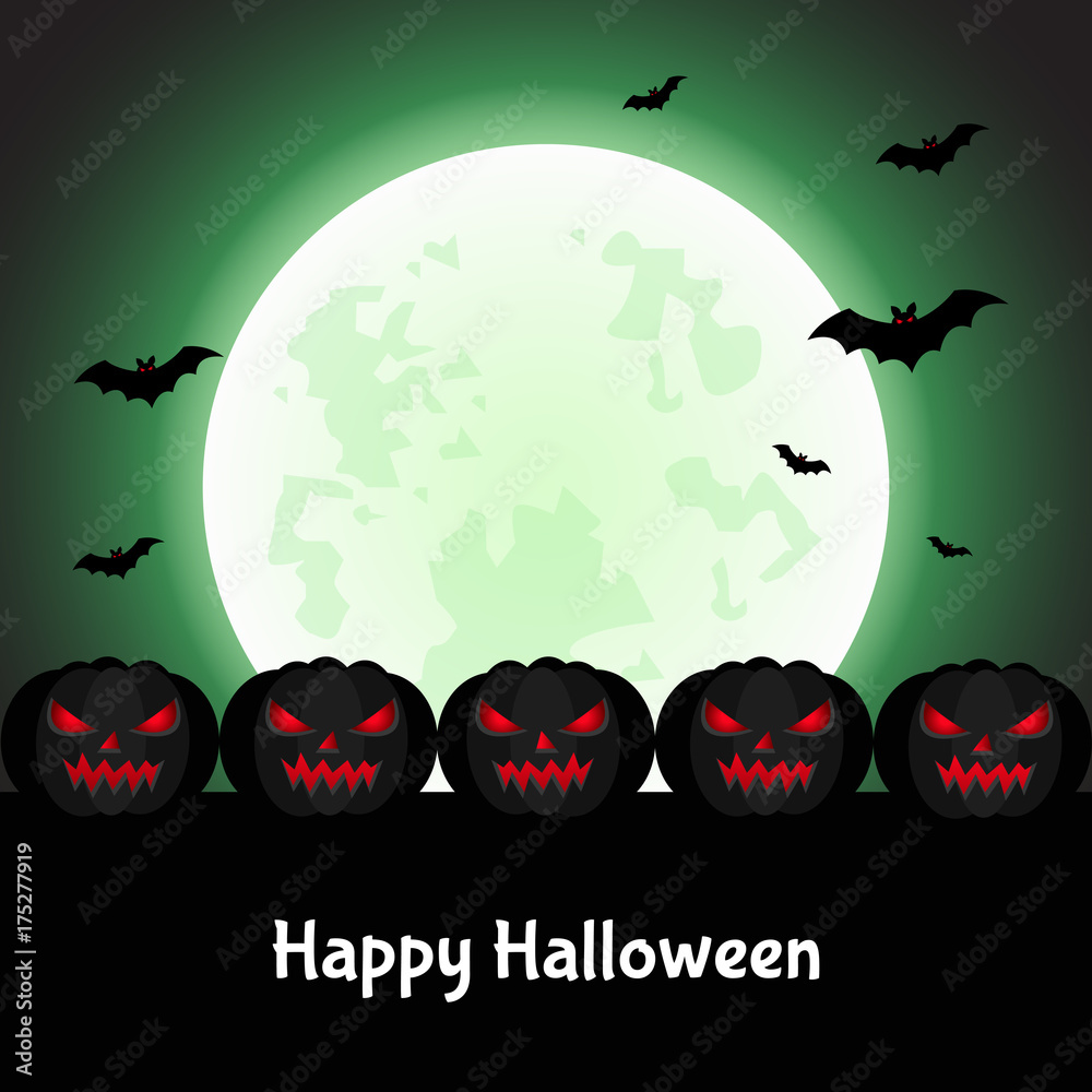 Halloween  card with  black pumpkin  silhouette,  moon.