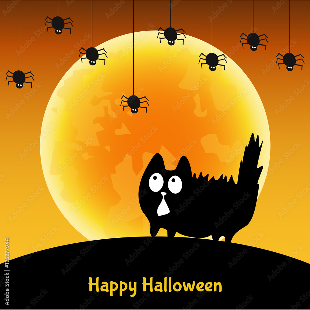 Cute  Halloween greeting card with  fun  black cat.