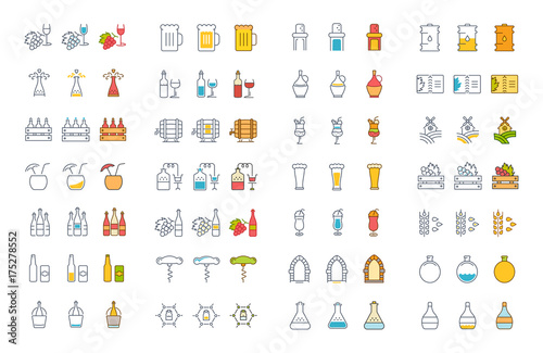Set Vector Flat Line Icons Alcoholic Drinks