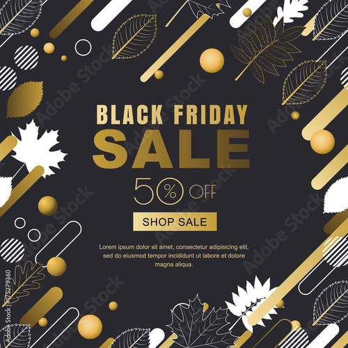Black friday sale banner. Square frame with gold outline fall leaves and moti...
