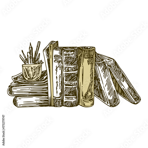 Bookshelf and cup for pencils. Vintage style. Vector illustration.