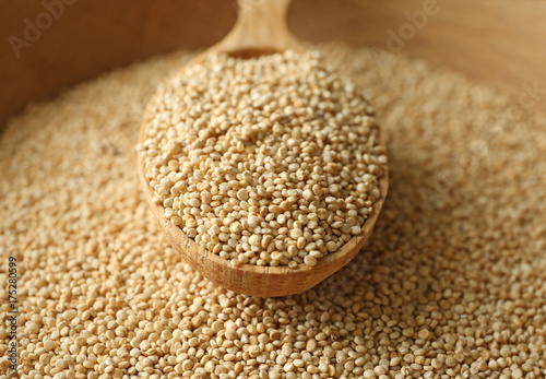 Spoon with quinoa on seeds, closeup photo