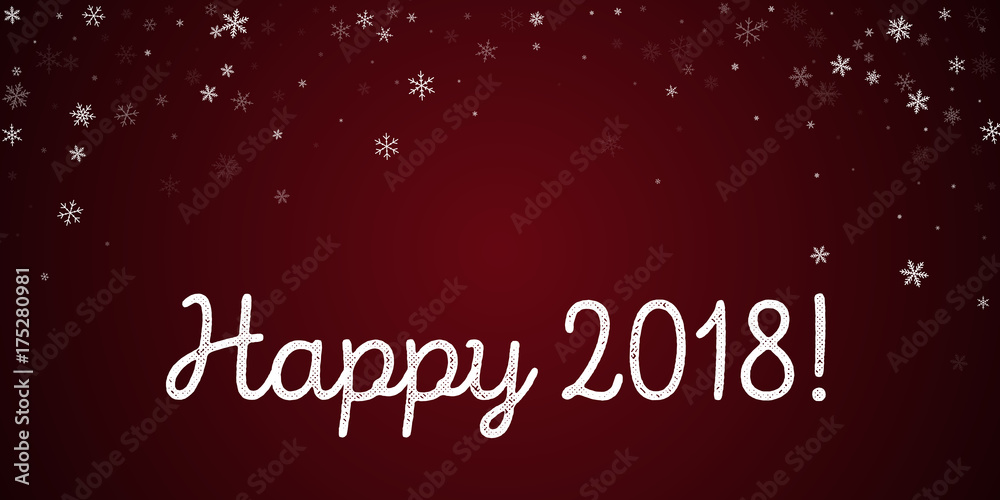 Happy 2018 greeting card. Sparse snowfall background. Sparse snowfall on red background. Pleasing vector illustration.