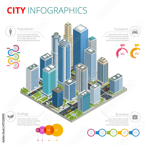 City Infographics. Isometric vector city with skyscrapers, streets and vehicles, commercial and business area infographic with graphs, icons and diagrams.