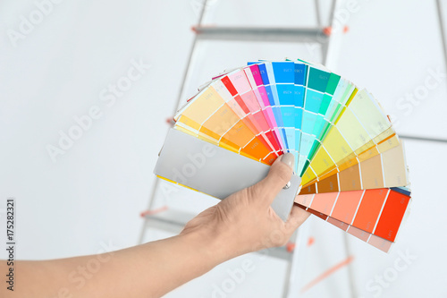 Young female decorator with color palette samples near ladder on white background © Africa Studio