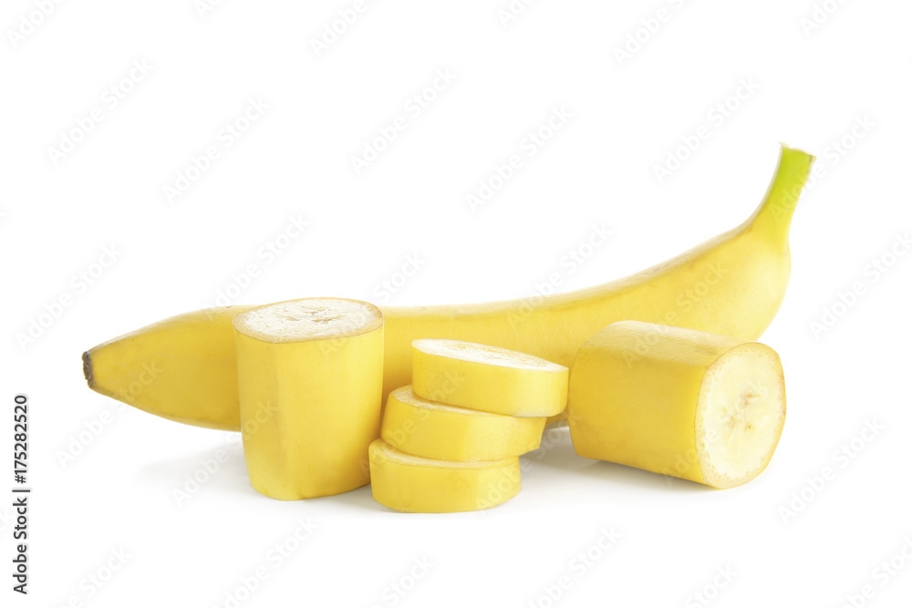 Ripe banana and slices isolated on white Ripe banana and slices isolated on white