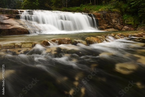 View of waterfall from water.