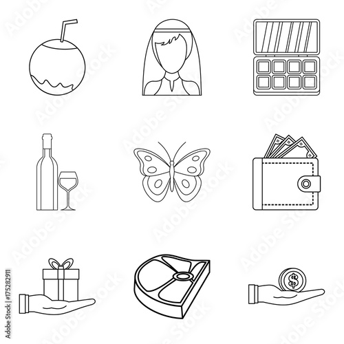 Restaurant evening icons set, outline style