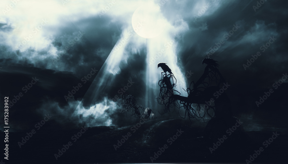 Obraz premium Crows on dead tree dark night with moon
