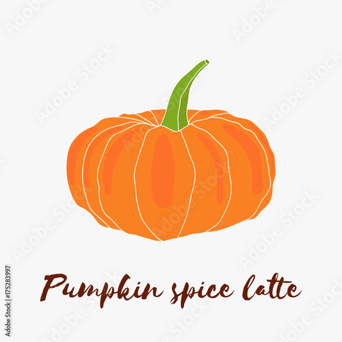 Pumpkin spice latte hand drawn vector logo with lettering. Autumn halloween decoration, vegetable harvest season, thanksgiving line art. Freehand illustration for vegan cafe, restaurant, market, shop.