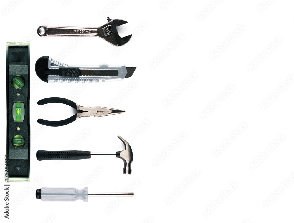 Set of various tools on white background.