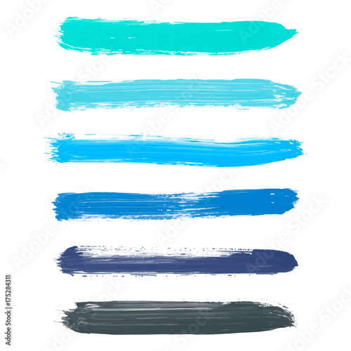Set of turquoise blue, indigo, black vector watercolor hand painted gradient stripes isolated on white background. Collection of acrylic dry brush stains, strokes, geometric horizontal lines.