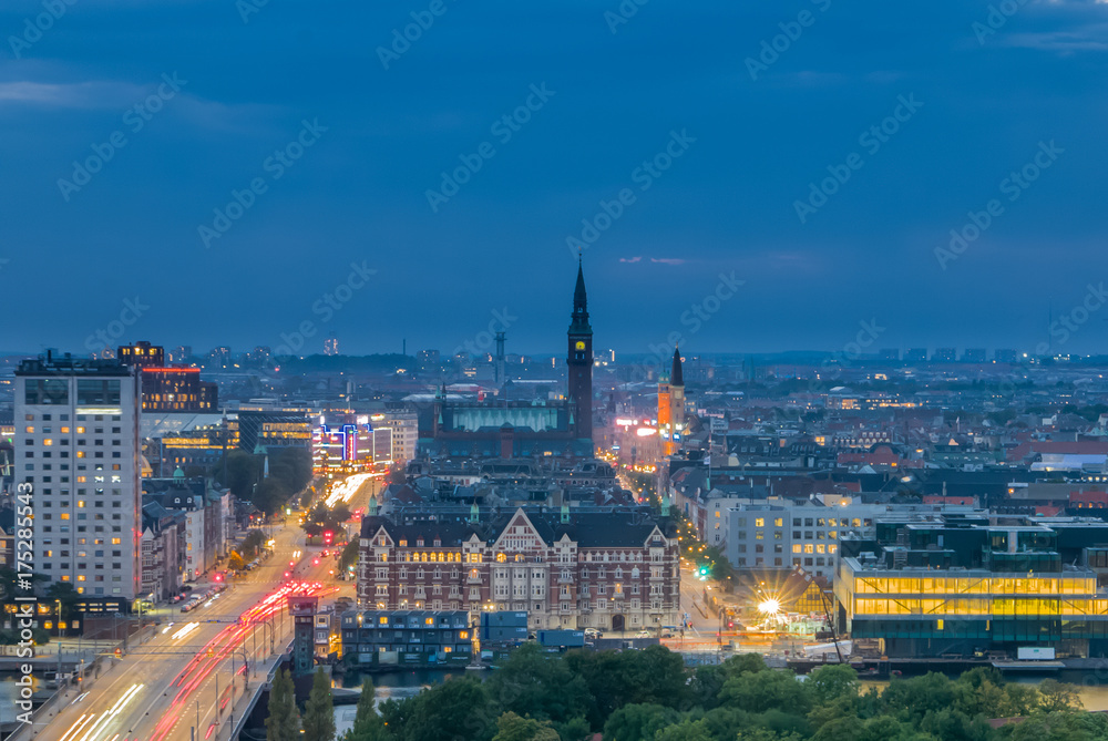 Main road and street lights of Copenhagen, skyline at night