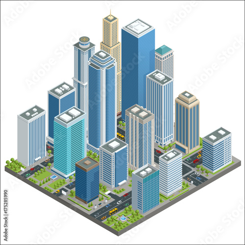 Vector isometric city center map with skyscrapers, offices, stores, streets, vehicles, commercial and business area used for workflow layout, game, diagram, number options, web design and infographics
