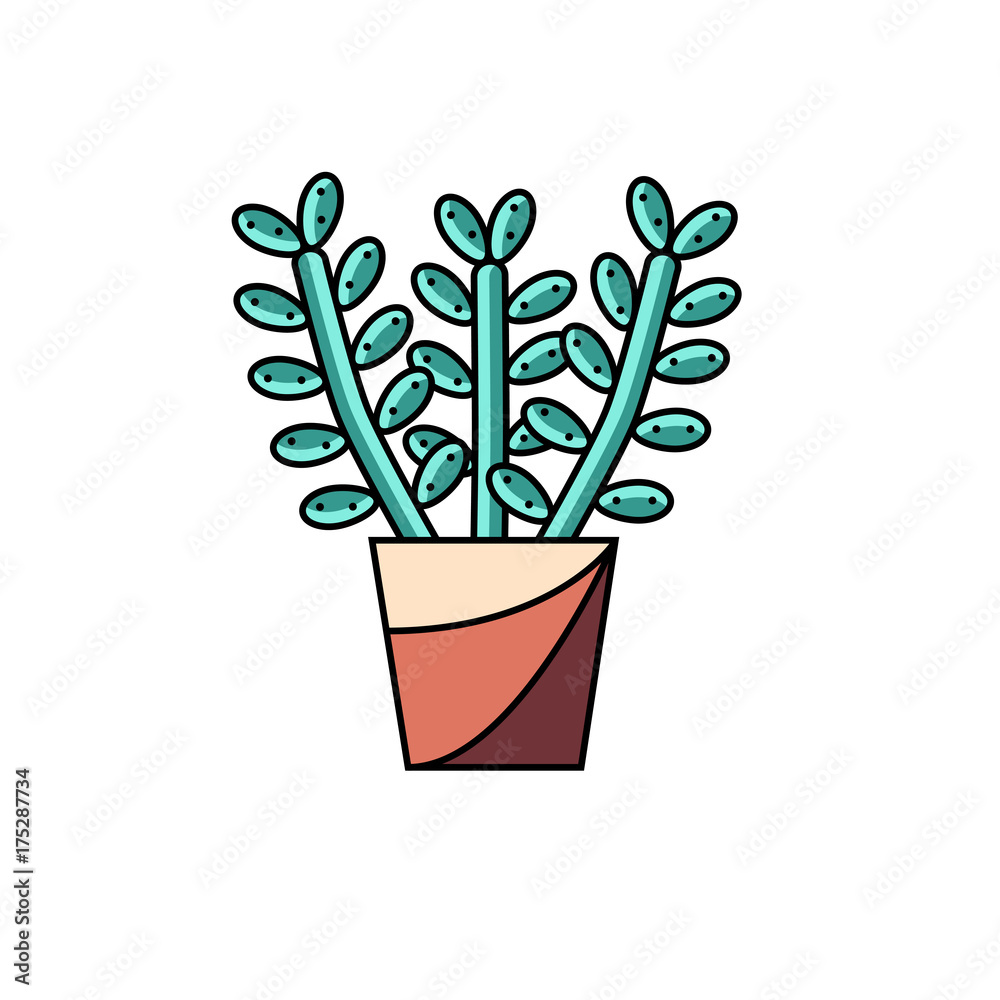 House lucky plant flat line vector icon on isolated white background. Stylized illustration of money tree in pot. Potted succulent image.