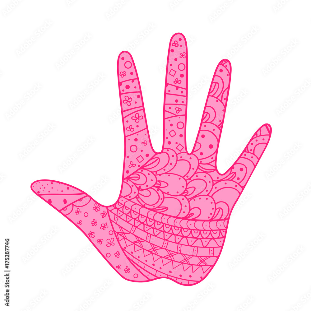 Hand. Hand drawn abstract patterns on isolation background. Design for spiritual relaxation for adults. Line art creation. Print for polygraphy, posters and textiles. Outline for t-shirts