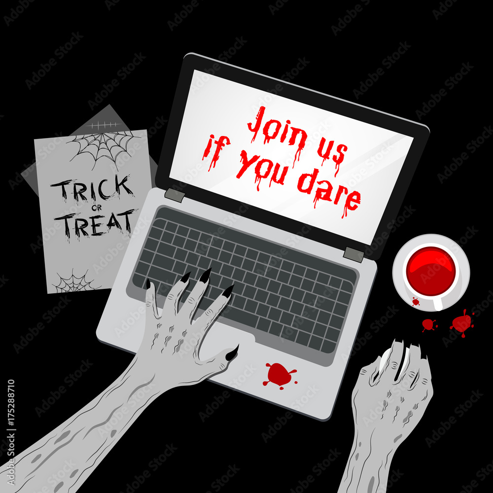 Zombie working with mouse computer. hands typing on the laptop keyboard and  using mouse. Top view of illustration. Happy Halloween day, join us if you  dare concept. Stock Vector | Adobe Stock