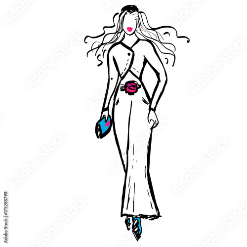 Female model in jacket and trousers. Jacket bolero,colorful accessories. Black hat, clutch, fuchsia belt as flower, blue shoes. Fashion freehand sketch for prints, posters, articles, magazines, poster