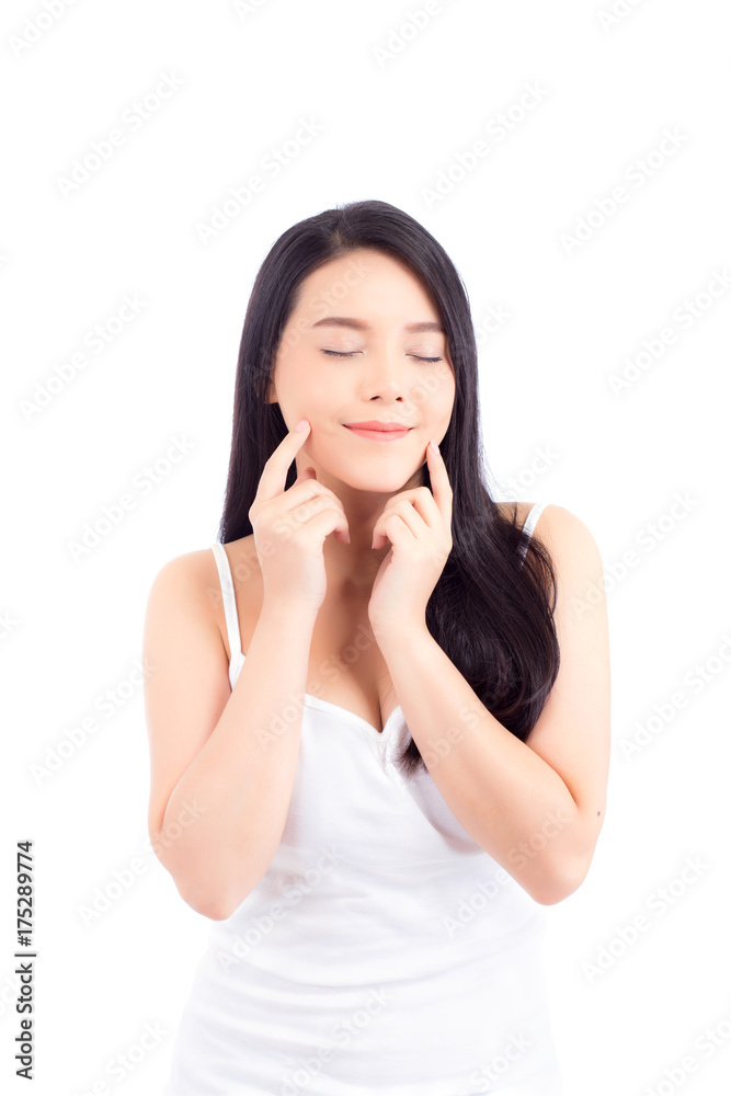 Beautiful girl with makeup, woman and skin care cosmetic concept / attractive beauty asian girl on face with hand touch cheek and smile isolated on white background. Beautiful girl with makeup, woman and skin care cosmetic concept / attractive beauty asian girl on face with hand touch cheek and smile isolated on white background.