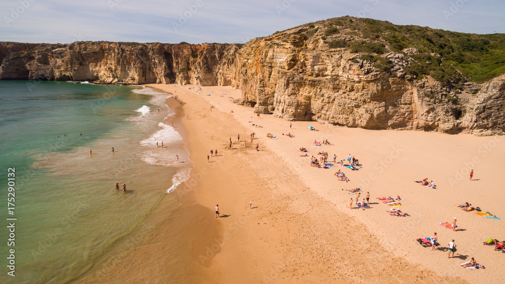 Aerial view of people resting on Beliche beach, Algarve, Portugal